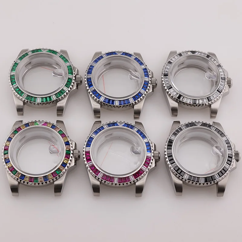 Montres mécaniques en diamant moissanite de 40 mm, cristaux saphir, boîtier de montre de plongée pour Seiko Mod SubMariner NH34 NH35 NH36 Parts