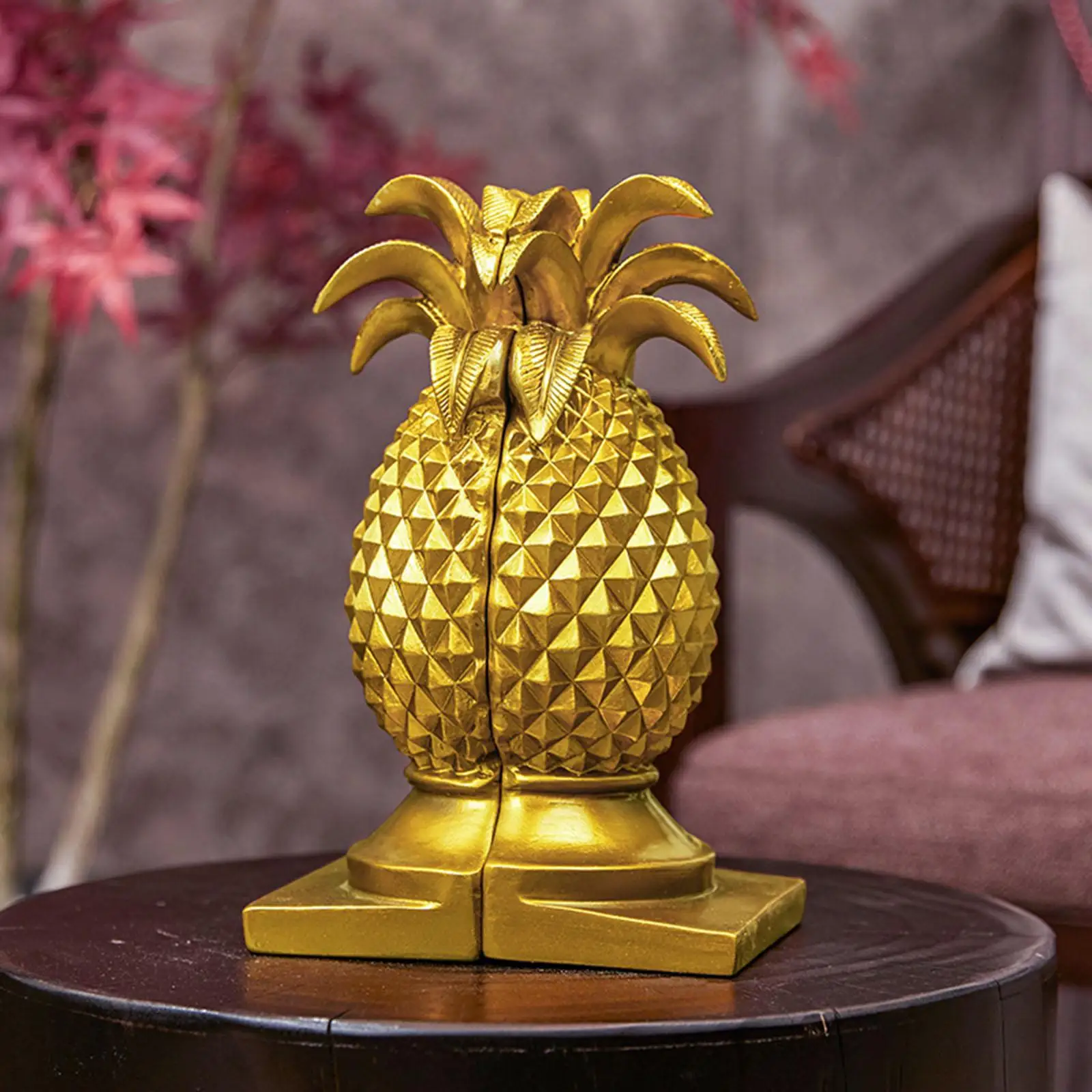 1 คู่สับปะรดรูปทองเรซิ่น Bookends สําหรับ Home Office ชั้นวางหนังสืออุปกรณ์เสริมรูปปั้นน่ารักมือทาสีฮาวายขัด