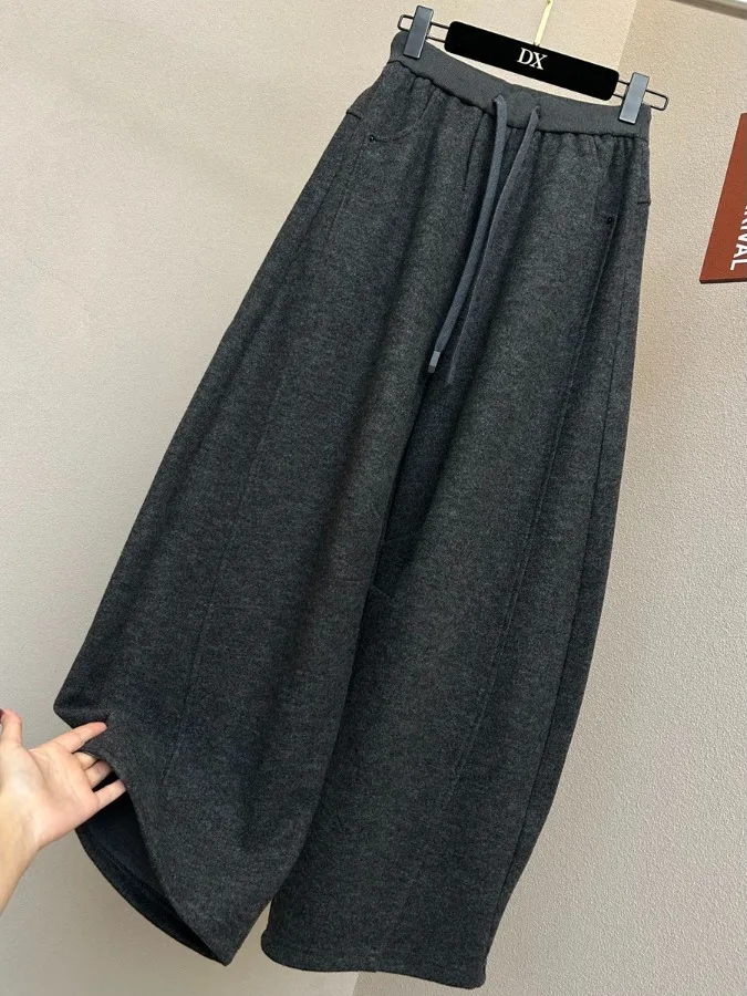 Winter New plus Size Women's High Waist Slimming Straight Leg Thickened Woolen Wide Leg Pants Casual Trousers Loose Fit