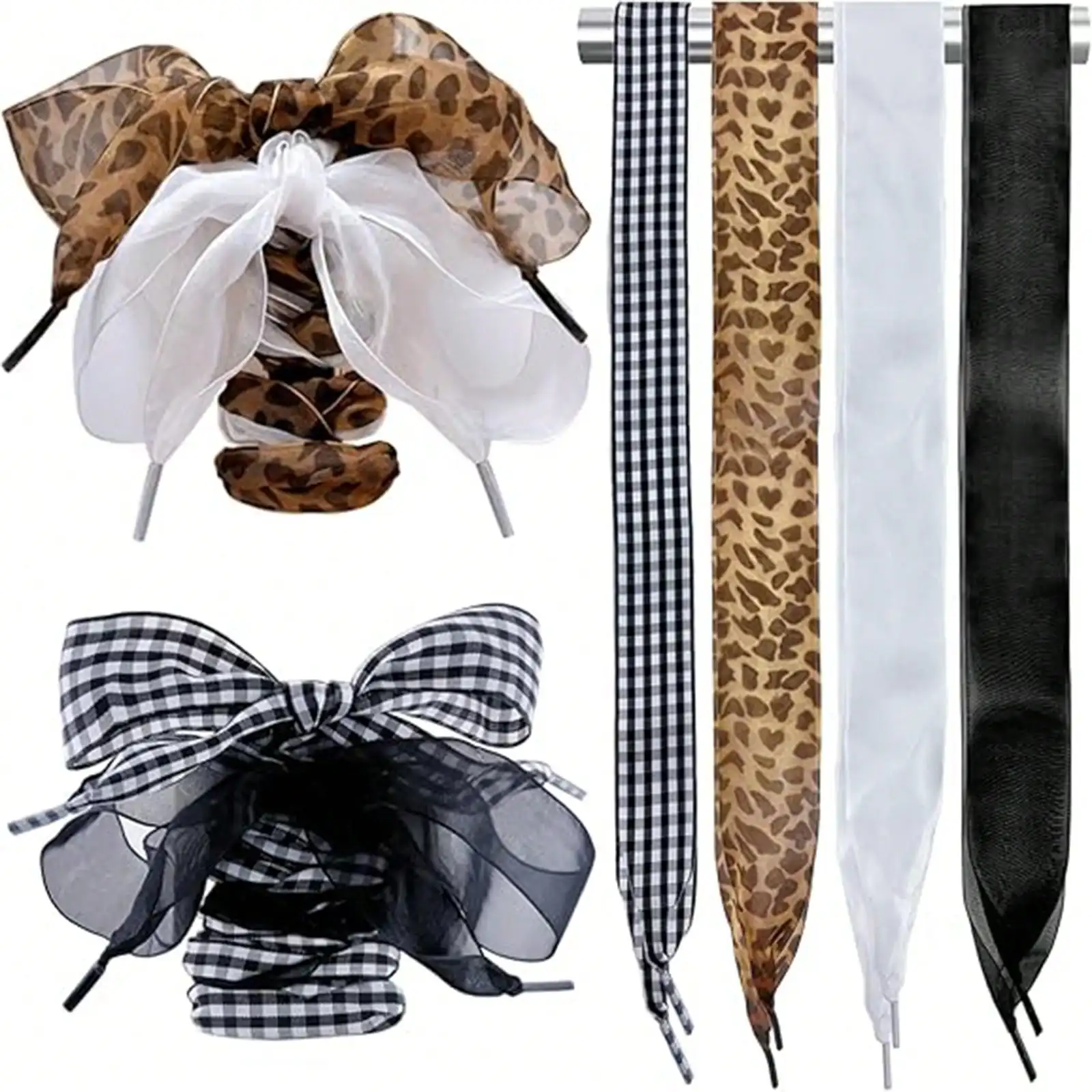 4 Pairs of Sheer Shoelaces Set - Leopard Print and Plaid Pattern Wide Smooth Ribbon Shoelaces, Suitable for Sneakers; DIY Transparent Mesh Shoelaces for Women's Casual Shoes, Perfect for Gift-Giving