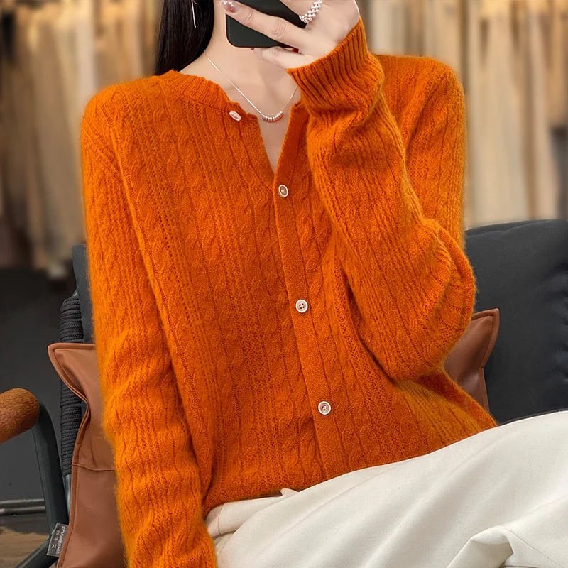 

Women100% Merino Wool Sweater O-neck Hollow Twisted Cardigan Autumn Winter Women Long Sleeve Knitwear Bottoming Clothing Tops