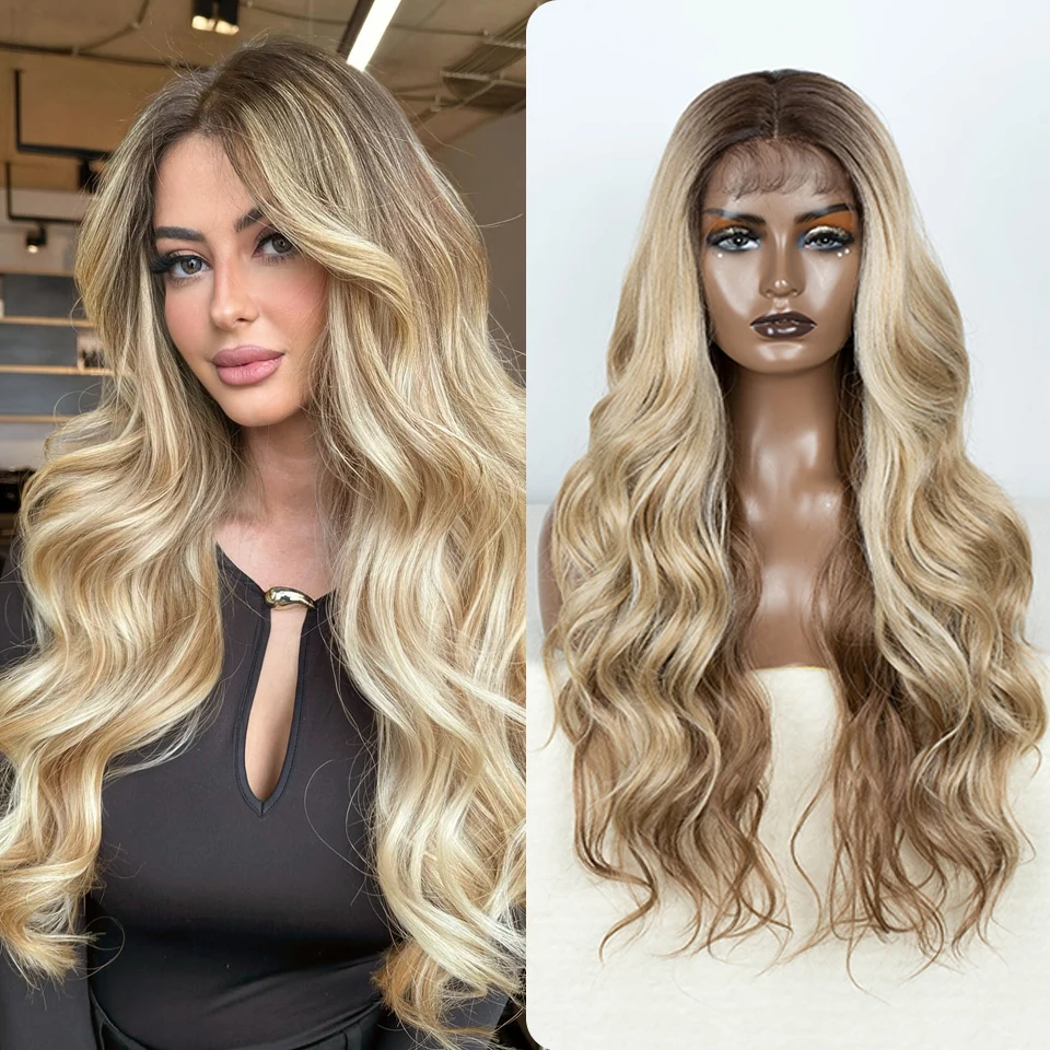 Synthetic Lace Front Wigs For Women 28“ Long Body Wavy With Baby Hair Lace Wig Ombre Brown Blonde Cosplay Wigs Heat Resistant