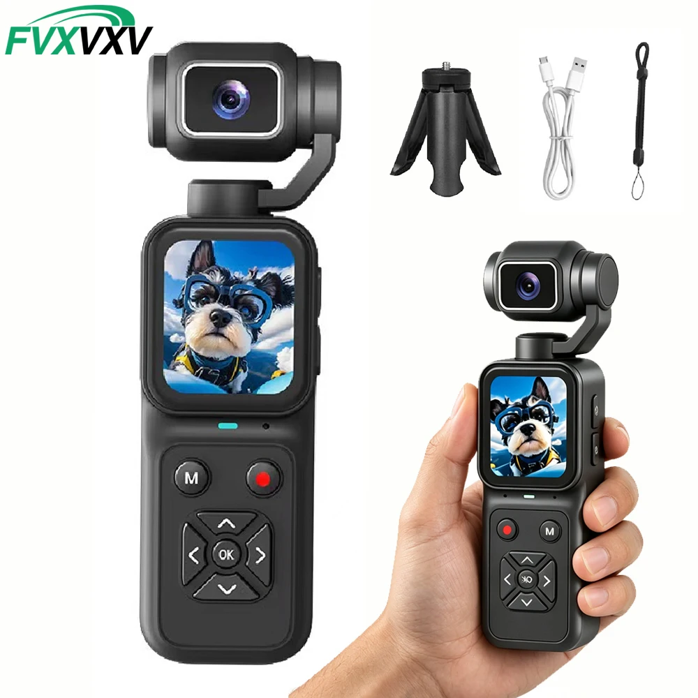 4K Handheld Pocket Camera with 180° Flip Gimbal Lens, 48MP Vlogging Camera for Beginners, Creator Kit with Tripod, Outdoor Trave