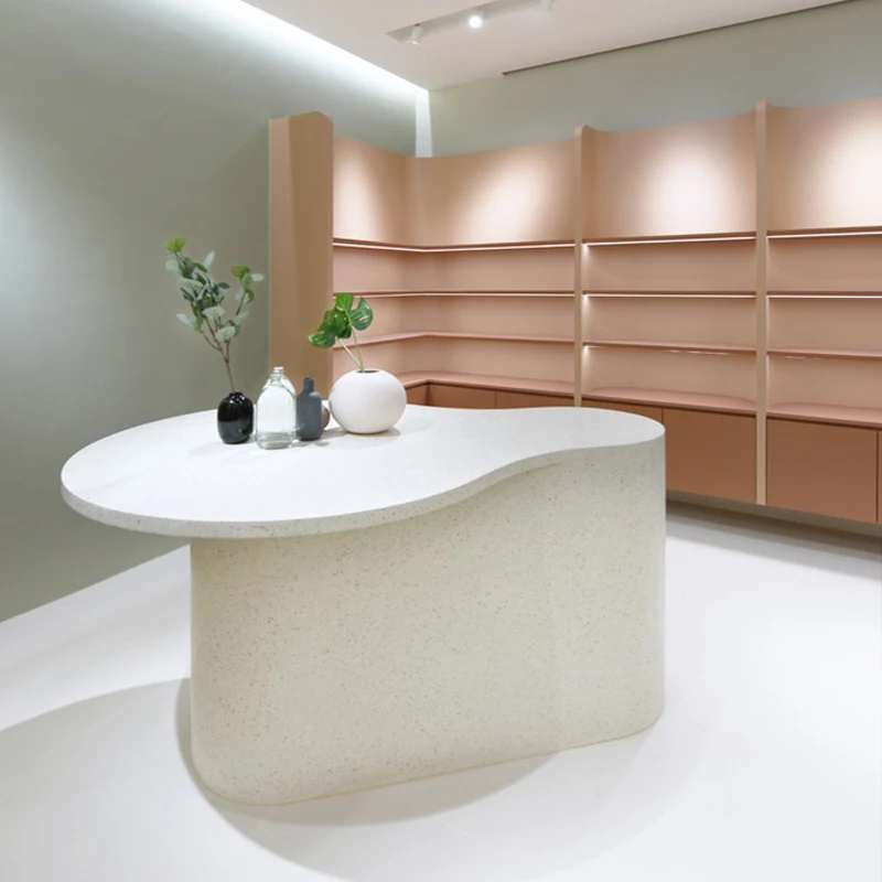 

White artificial stone integrated display countertop cabinet with hand washing sink floor shape of any size