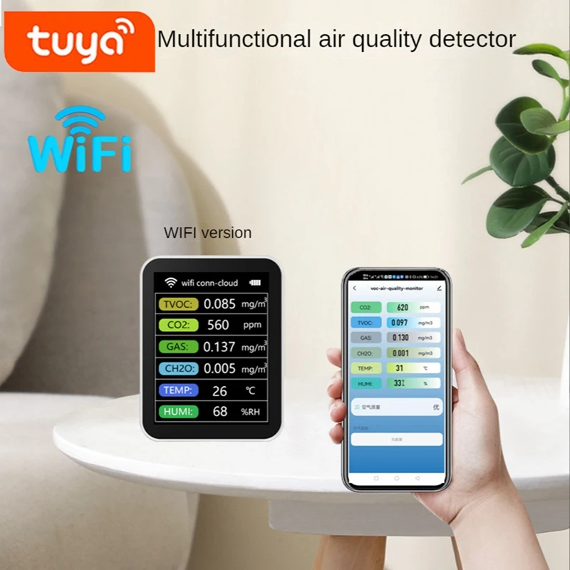 Tuya Smart Wifi CO2 Detector Sensor Air Quality Monitor TVOC CO2 Gas CH2O Temperature Humidity Meter Detector