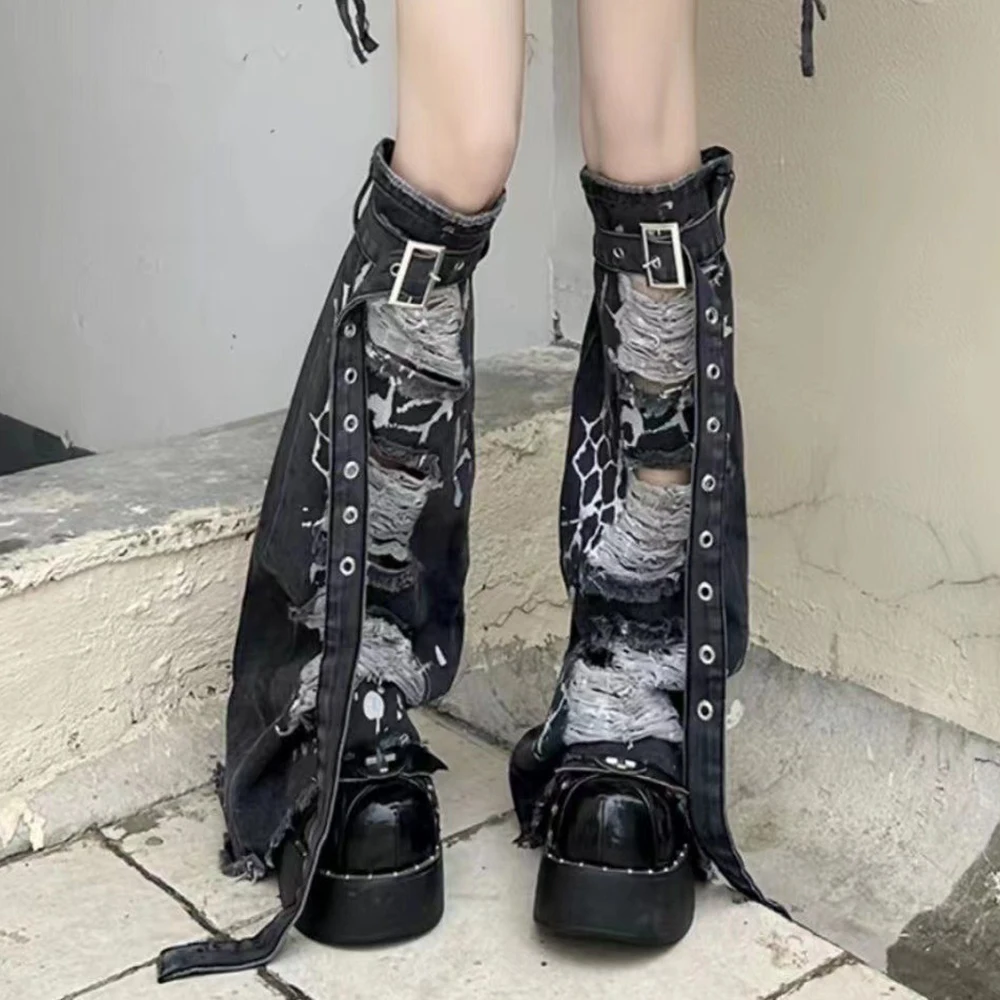 Ripped Jeans Buckle Belt Leg Warmers Y2K Grey Hole Breaking Denim Harajuku Leg Covers Punk Rock Style Gothic Style Leg Boot Cuff