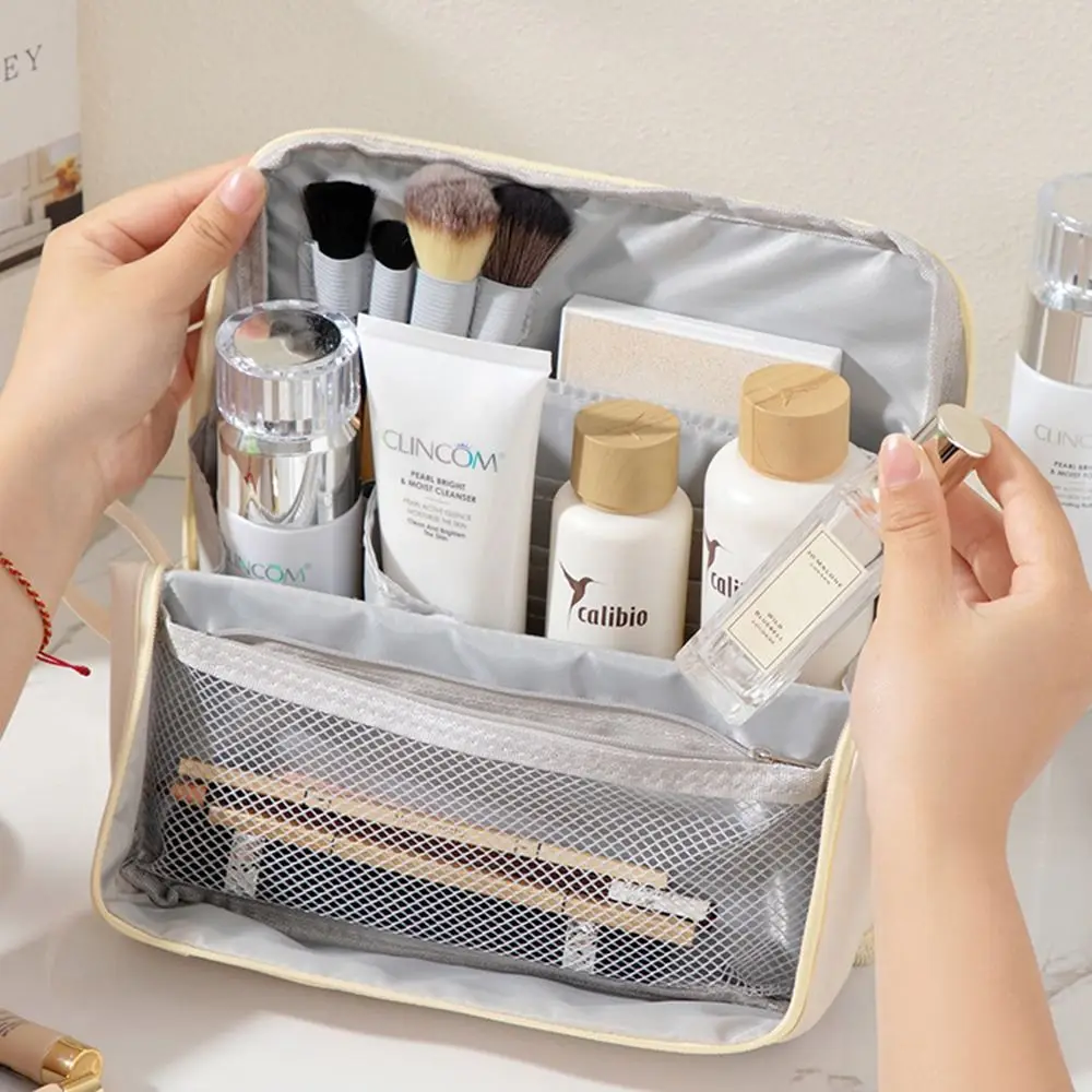 

PU Vertical Makeup Bag Standable Multi-Compartment Skincare Storage Bag Minimalist Portable Cosmetic Organizer School Supplies