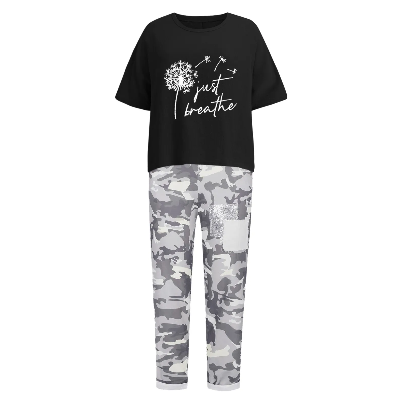 Women Tracksuit Camouflage 1 Set T-shirt Pants Sets Irregular Hem Drawstring Summer Women Outfit Sets ensemble female 2 Pieces