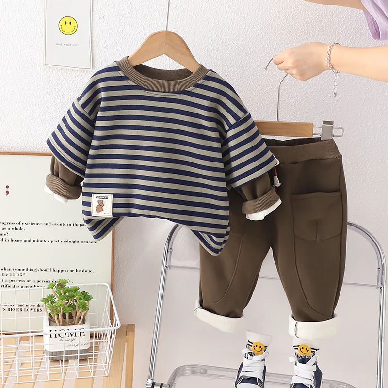 New Autumn Winter Baby Boys Clothes Children Striped Long Sleeved T-Shirt Pants 2Pcs/Sets Kids Girls Clothing Infant Tracksuits