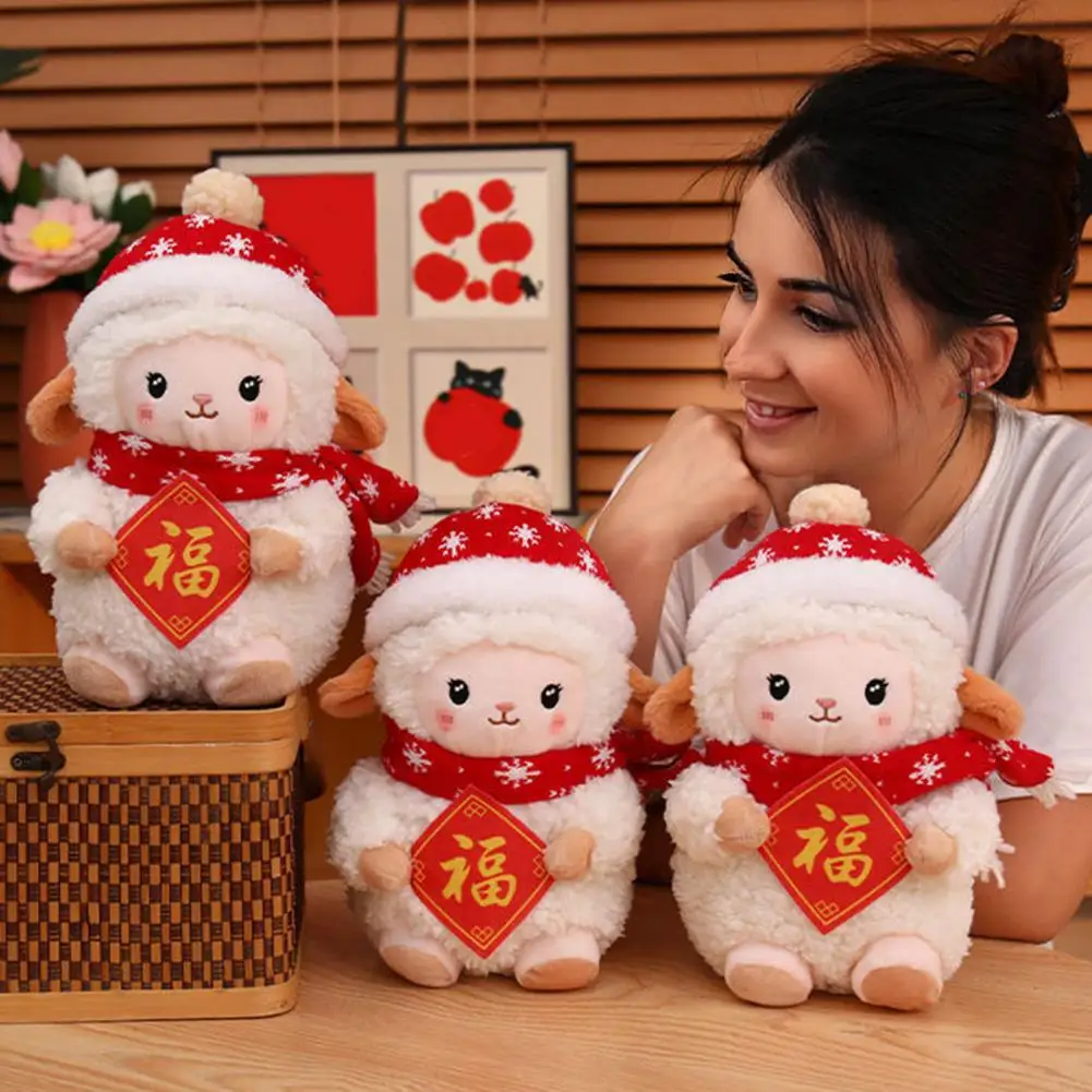 Stuffed Lamb Doll Lucky Sheep Plush Toy with Snow Hat Scarf Lamb Mascot Doll Cute New Year Fu Gift for Spring Festival Birthday