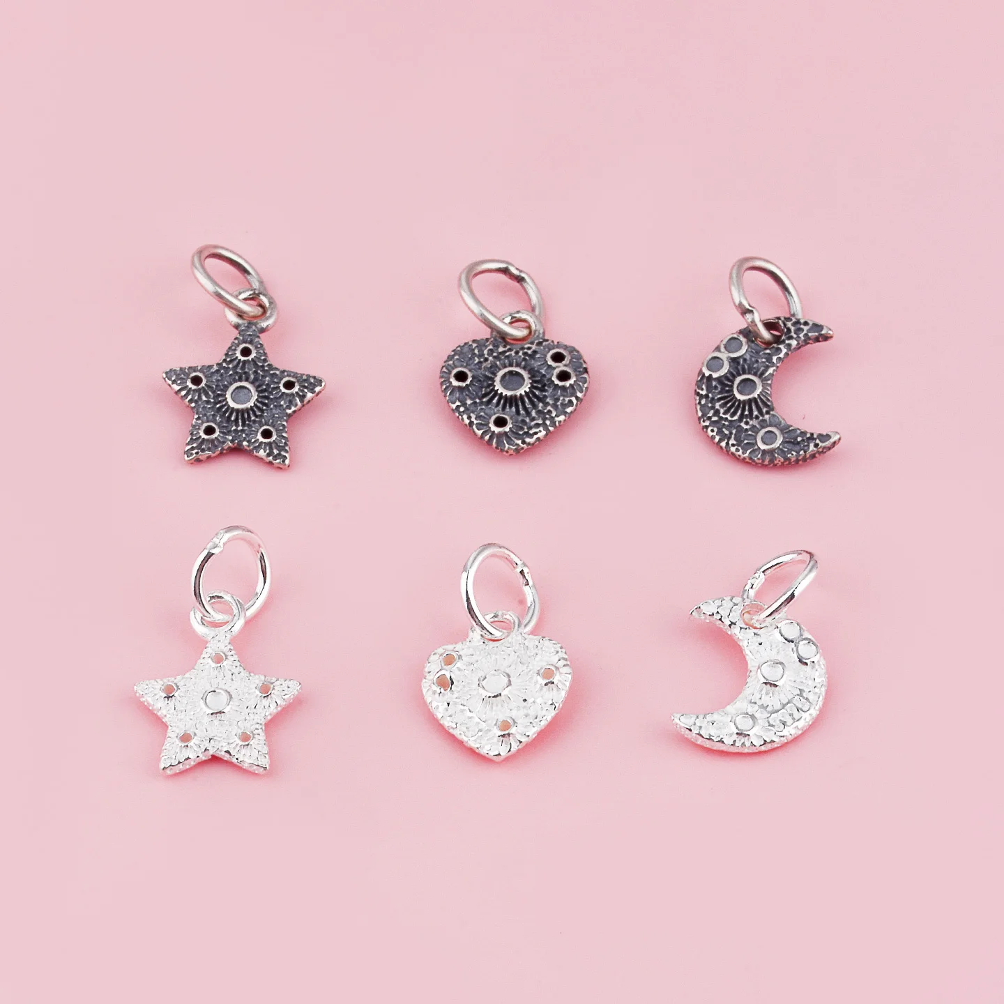 S925 pure silver raised-cracked meteorite crater heart-shaped moon and star pendant for DIY handmade beaded bracelet accessory