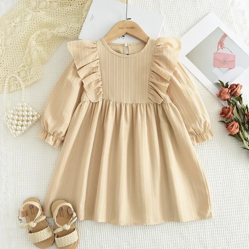3 4 5 6 7-year-old Girl Casual Solid Color Clothe Round Neck Long Sleeved Lace Pleated Dress Countryside Style Daily Wear Autumn