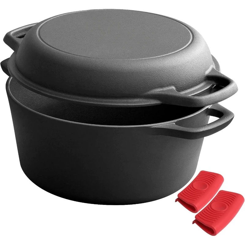 2025 2-in-1 Pre-Seasoned Cast Iron Dutch Oven Pot with Skillet Lid Cooking Pan, Frying, Baking, Camping, BBQ, 5QT