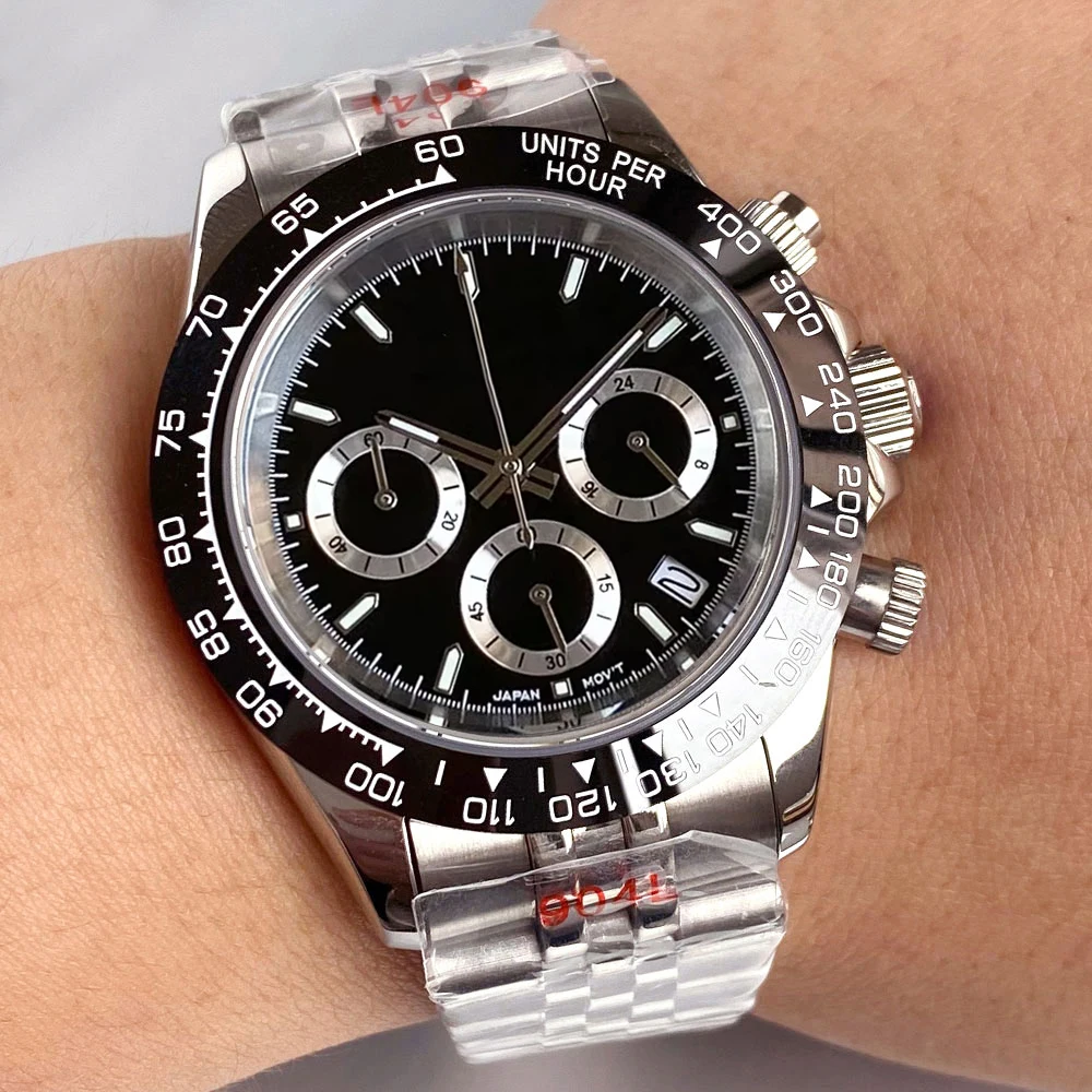 

Tandorio Black White 39mm Chronograph Sapphire Crystal Men Watch VK63 Quartz Movement Calendar Stainless Steel Bracelet Clock