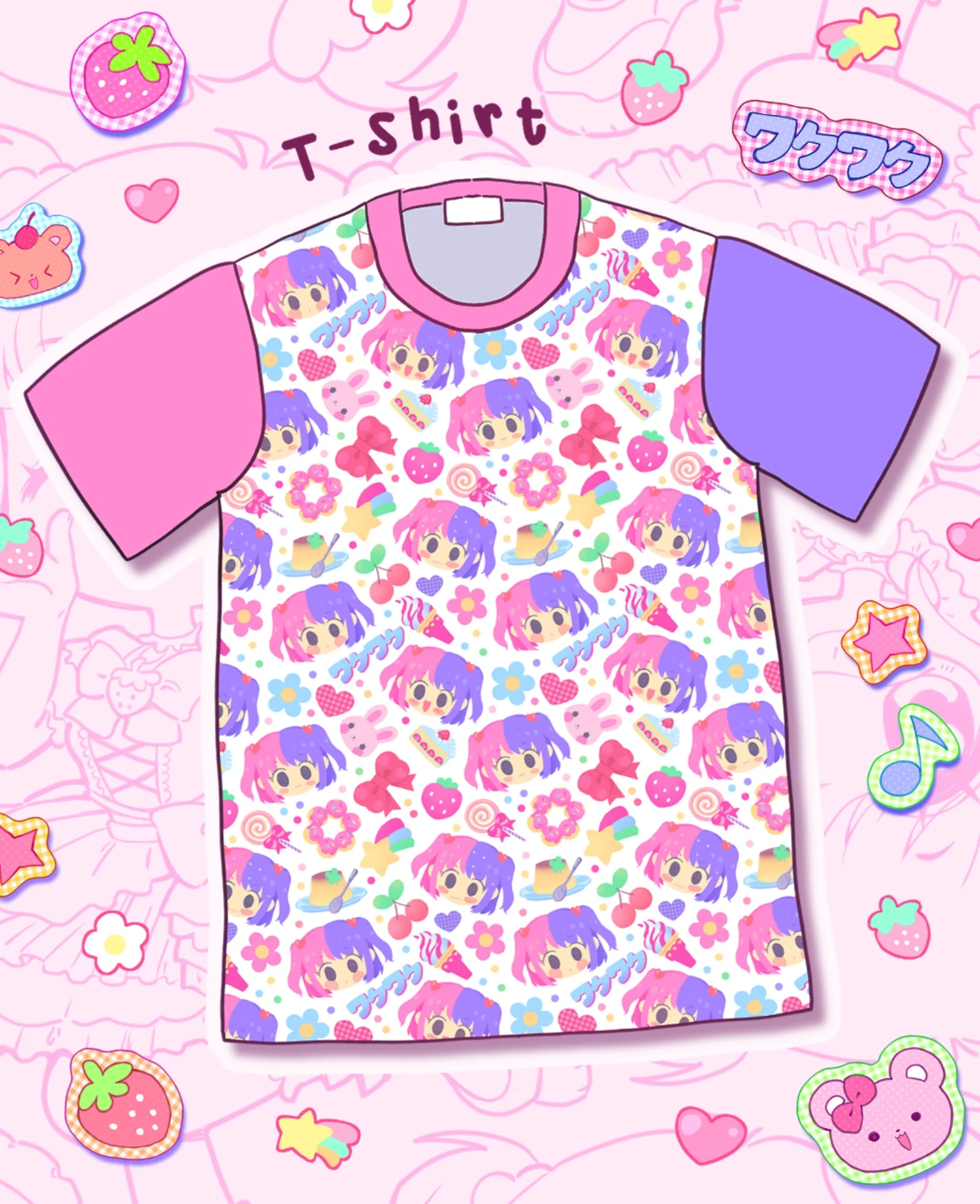 Y2K Harajuku Street Dress Cute Red Cliffs Purple Pink Hair Girl Donut Full Print T-shirt for Adults and Children