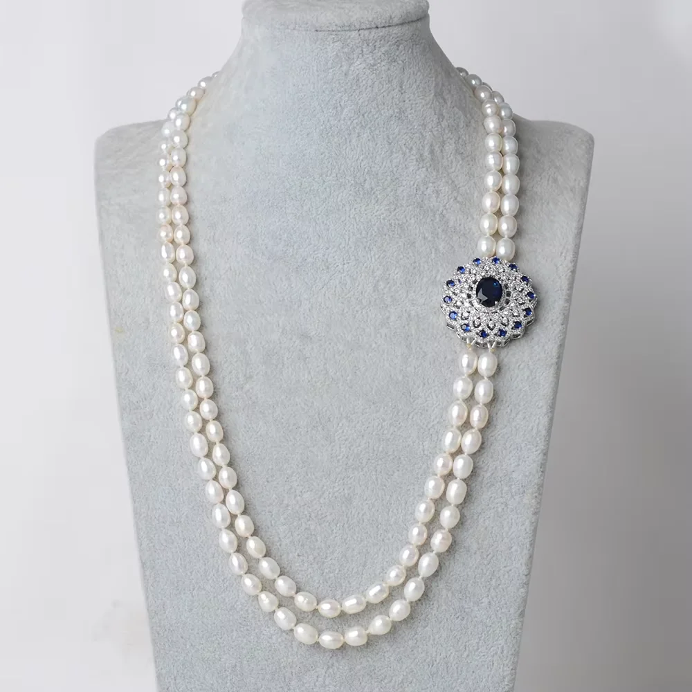 

2 Strands 26- 28" White Rice Pearl Necklace CZ Pendant