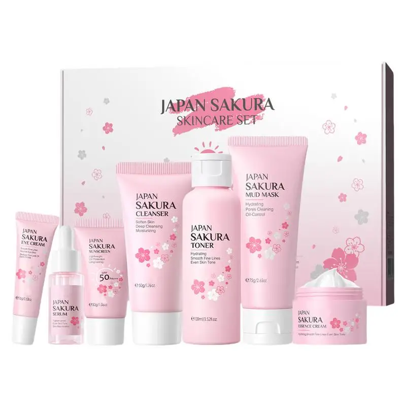 7pcs Sakuras Skincare Sets Facial Cleanser Toner Cream Sunscreen Facial Care Sakuras Brightening Skin Travel Kit For All Skin