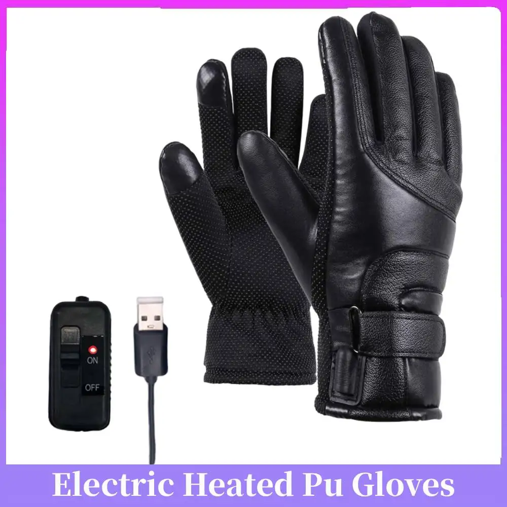 

USB Heated Gloves PU Winter Electric Warming Gloves Leather Heating Gloves Winter Outdoor Warm Gloves for Fishing Riding Cycling
