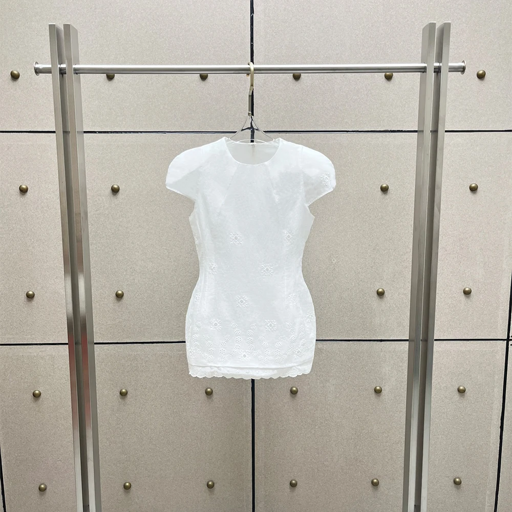 

Summer Ladies Cotton Linen T-shirt Cutwork Embroidery Cap Sleeve Bodycon Blouse Scallop Hem Casual Daily Holiday Basic Shirts