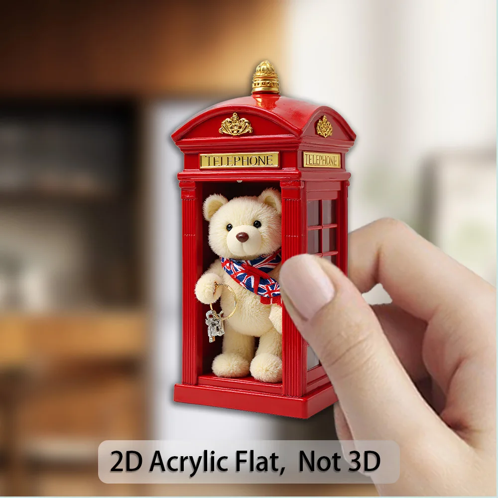 4-Piece Set of Telephone Booth-Shaped Refrigerator Magnets, 2D Flat Acrylic Cartoon Cute Toy Bear Bouquet Mailbox Creative Ornaments, Refrigerator Magnets, Home Refrigerator Decorations, Great Gift Items