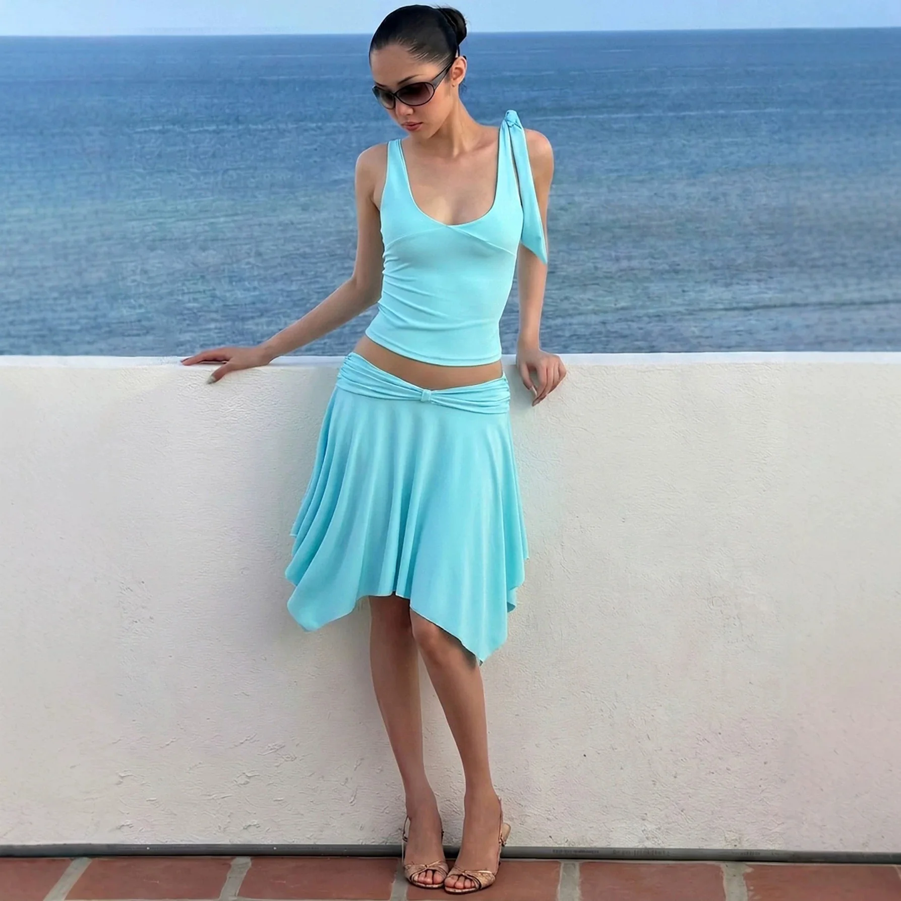 Mint Green U Neck Tie Cami Midi Skirt Set Stretch Fitted Crop Top Twist Irregular Skirt Two Piece Outfit image 2