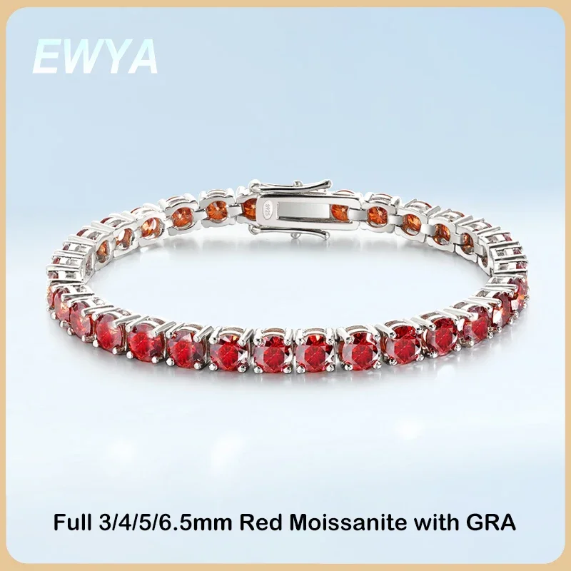 EWYA GRA Certified 3/4/5/6.5MM Full Red Blue Green Moissanite Tennis Bracelet for Men Women S925 All Diamond Hand Link Bracelets