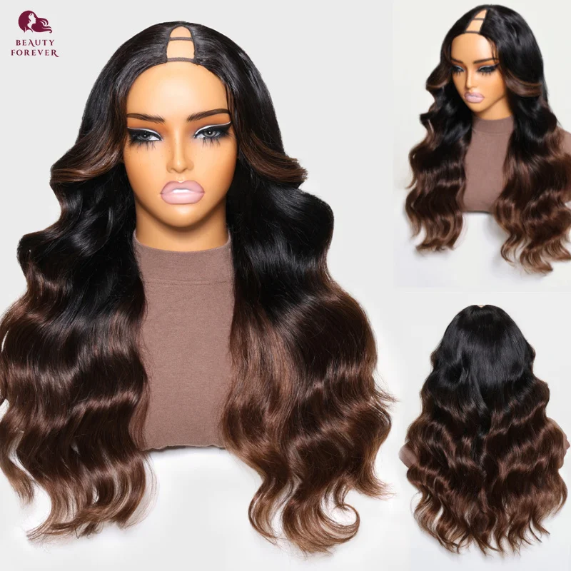 BeautyForever NEW Ombre Brown V Part Wig Human Hair Elastic DrawString Body Wave V Part Human Hair Wigs Remy Density 180%