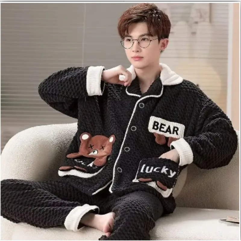 New Pajamas Autumn Winter Sleepwear Flannel Plush Thicken Loungewear Men Nightgown Cartoon Cute Coral Velvet Home Clothing Suit