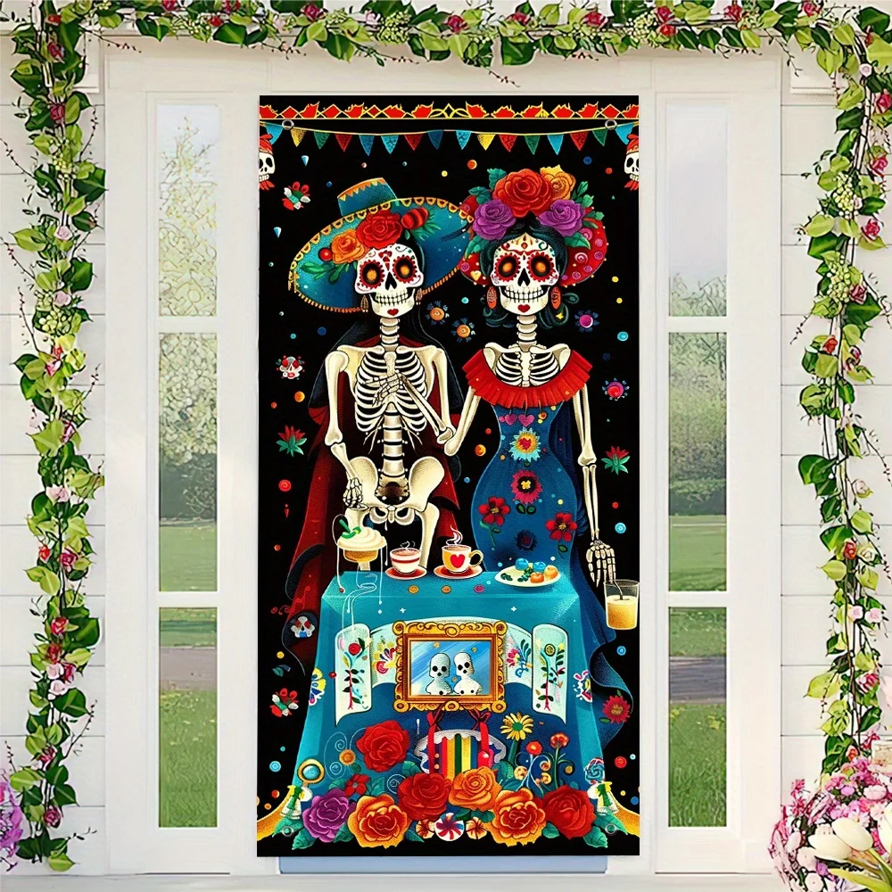 Ein lebendiges Halloween-Türbanner für den Tag der Toten – Polyester, mexikanisches Totenkopf-Design
