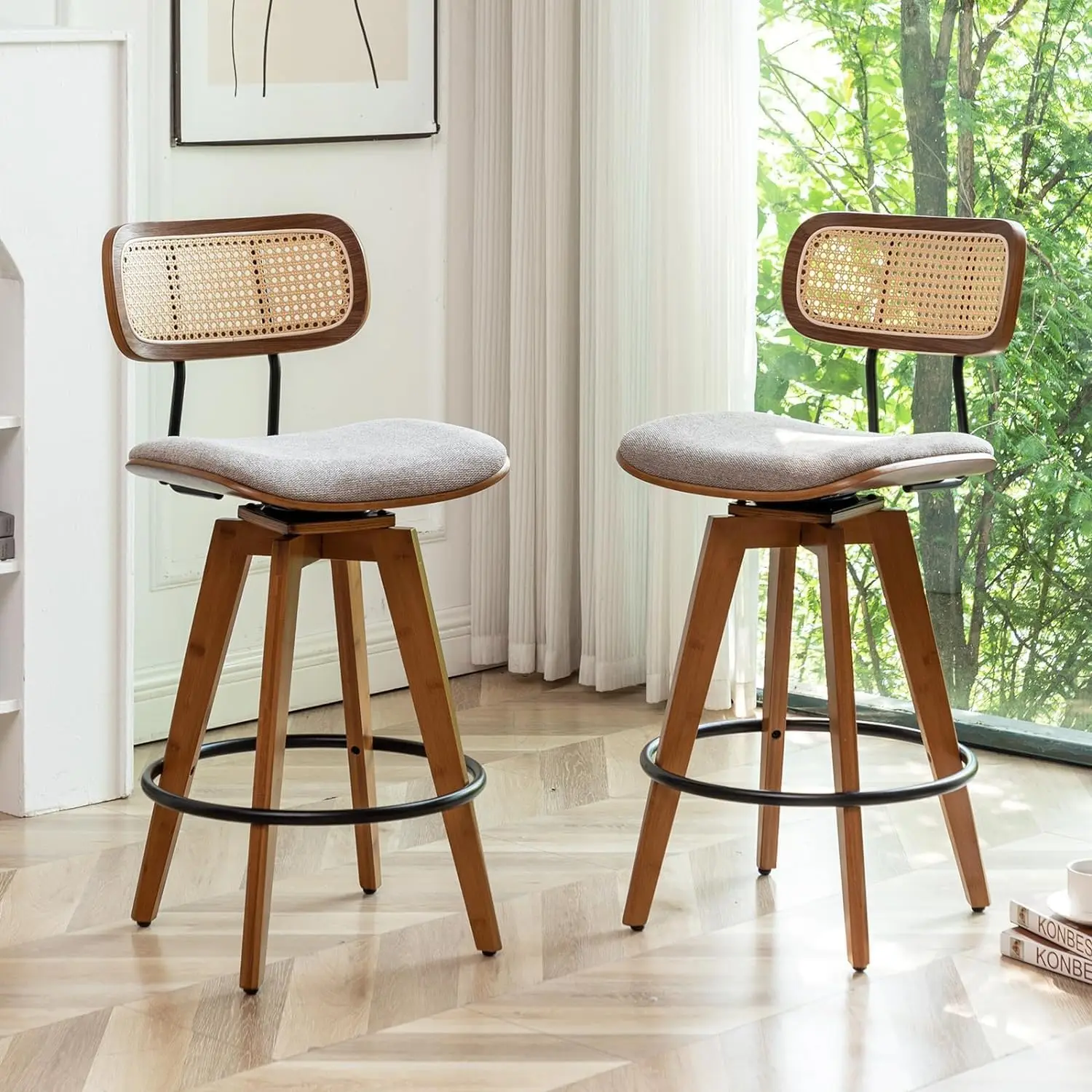 

Set of 2 Brown Rattan Bar Stools, 26" Counter Height Swivel Chairs with Wooden Legs for Kitchen Dining Room