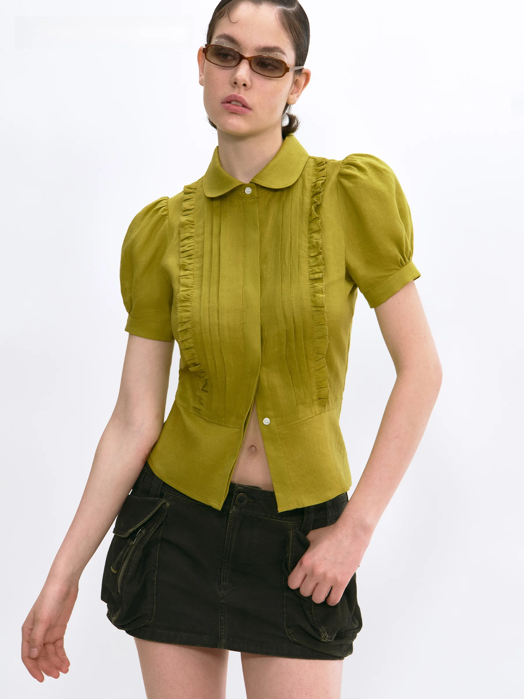 VERMO Summer Color Lightweight Breathable 100% Linen Peter Pan Collar Tuck Pleat Flower Short Sleeve Shirt Casual Fit