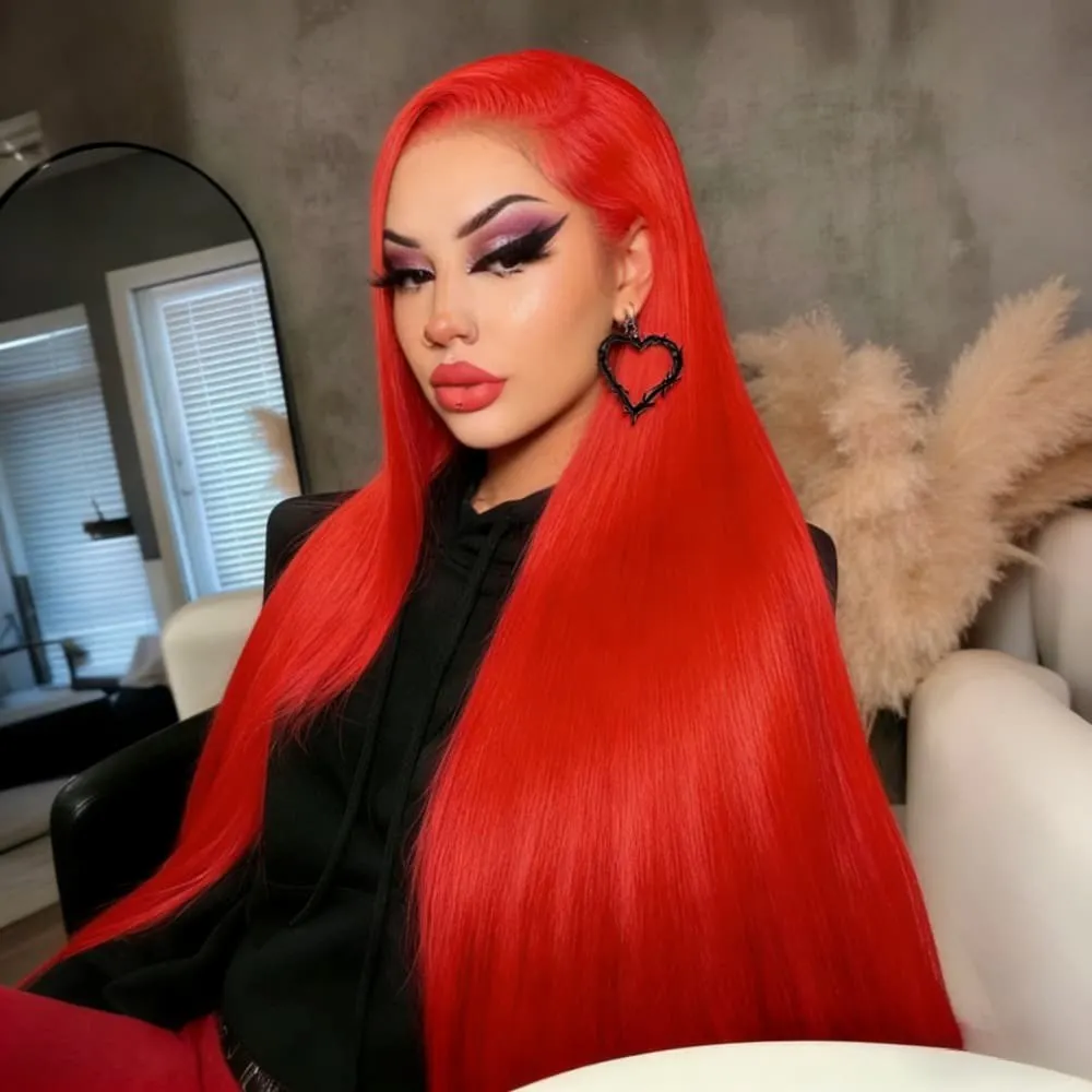 

Красный прямой парик с кружевной передней частью из натуральных волос, предварительно проработанный, плотность 200%, парик с кружевной передней частью 13x4 HD для женщин с эффектом натуральных волосков