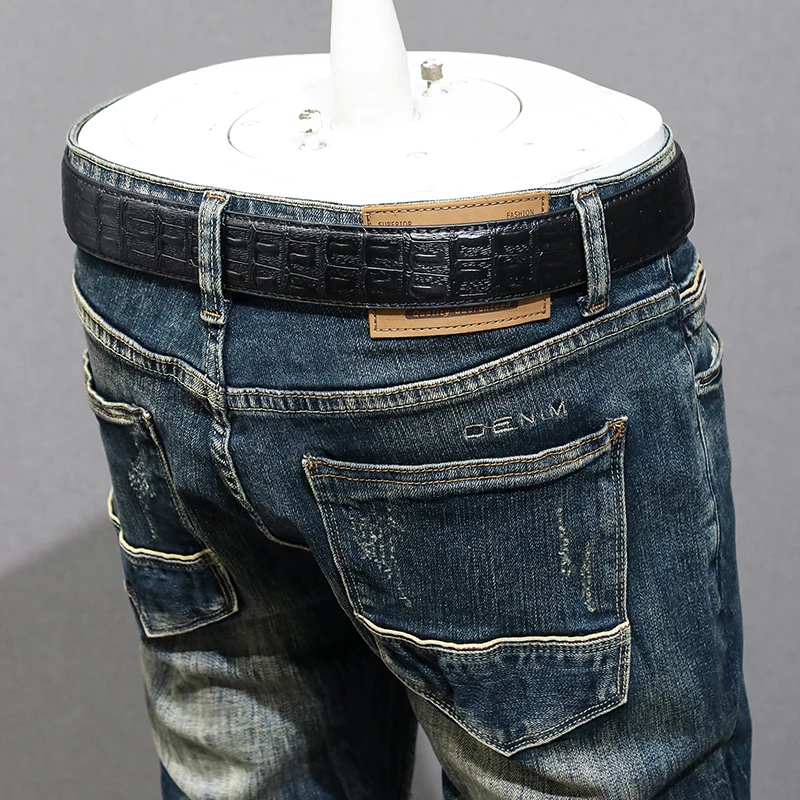 Fashion Designer Men Jeans Y2K Retro Black Blue Stretch Slim Fit Ripped Jeans Men High Quality Embroidery Vintage Denim Pants