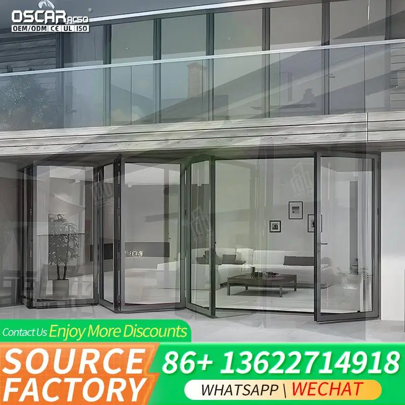 

High Track Bi Fold Glass Wall Accordion Door Soundproof Double Glazed Aluminum Foldable Door for Patio Modern Elegant Usage in U