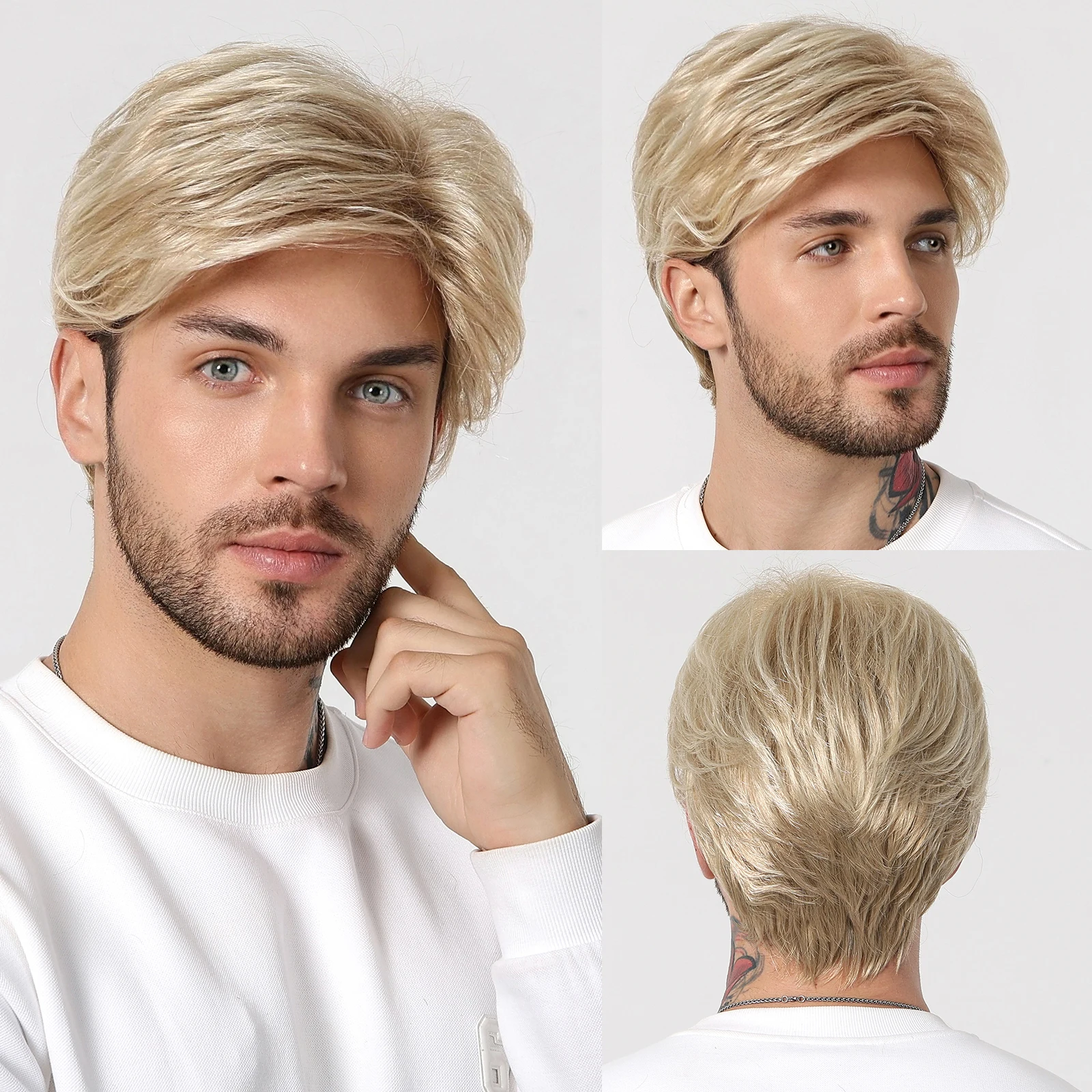 ALAN EATON Light Blonde Synthetic Wigs for Men Short Layered Pixie Cut Wig Low Temperature Fiber Soft Natural Daily Party Use