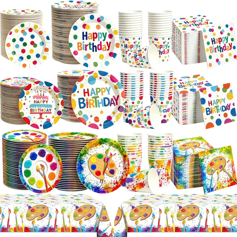 Happy Birthday Disposable Tableware Colorful Polka Dot Paint Paper Plates Napkins Cups Art Painting Theme Birthday Party Supplie