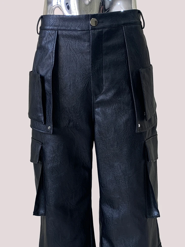 Nerazzurri Autumn Baggy Black Pu Leather Wide Leg Cargo Pants Men with Many Pockets Luxury Designer Emo European Streetwear 2025