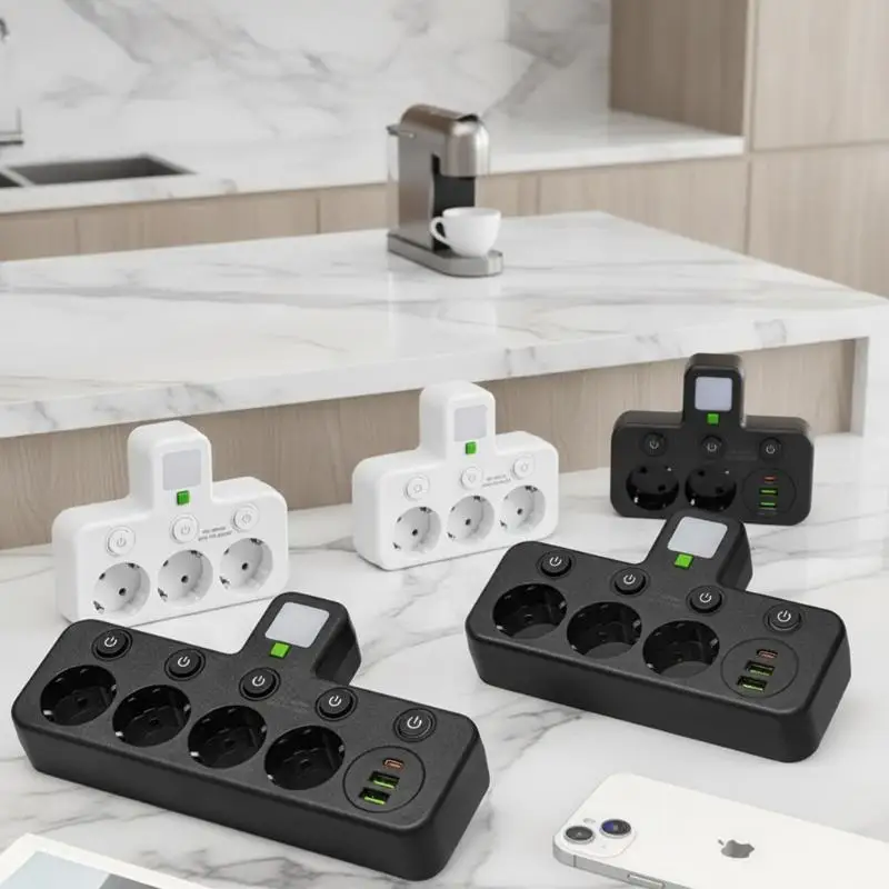 Household EU Plug Power Distribution Socket With Switch Night Light AC Outlets USB Type‑C Port Power Strip Supplies
