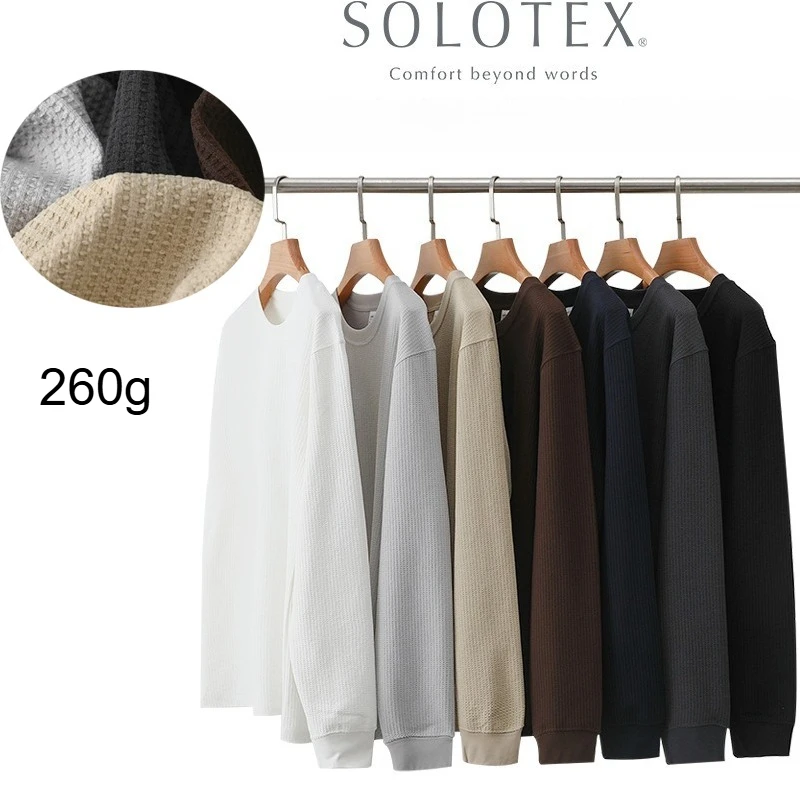 

Autumn Lightweight Waffle Knit Base Layer Top Men - Fashionable Loose Fit Versatile Long-Sleeved Round Neck T-Shirt/Sweatshirt