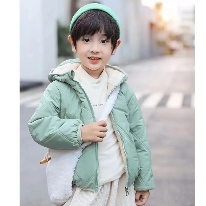 2024 Boys Padded Light Cotton Jacket Children Warm Short Solid Colour Coat Autumn Winter Girls Cute Casual Hooded Clothes 2-6Y