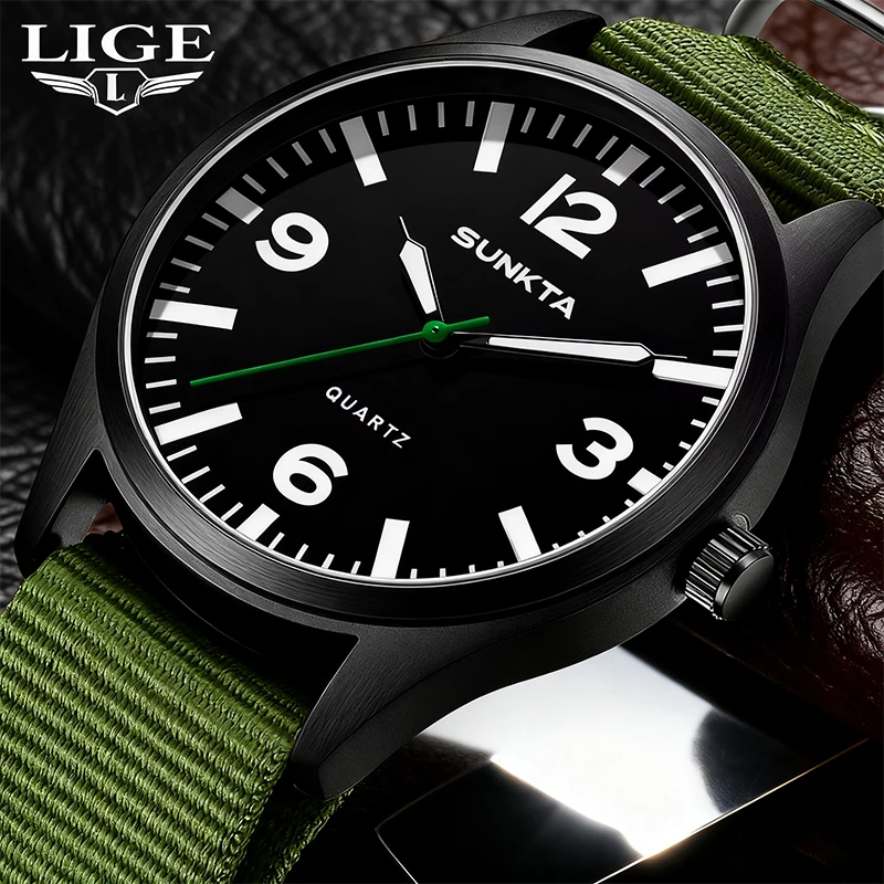 LIGE Top Brand Luxury Watch Men Quartz Date Nylon Waterproof Luminous Military Sports Leather Watches For Men relogios masculino