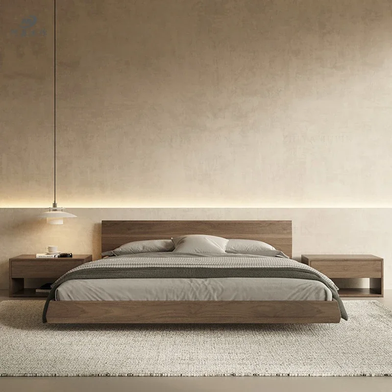 

Bed Customized Nordic suspended black walnut solid wood tatami, low without head, quiet wind, simple oak suspended shelf