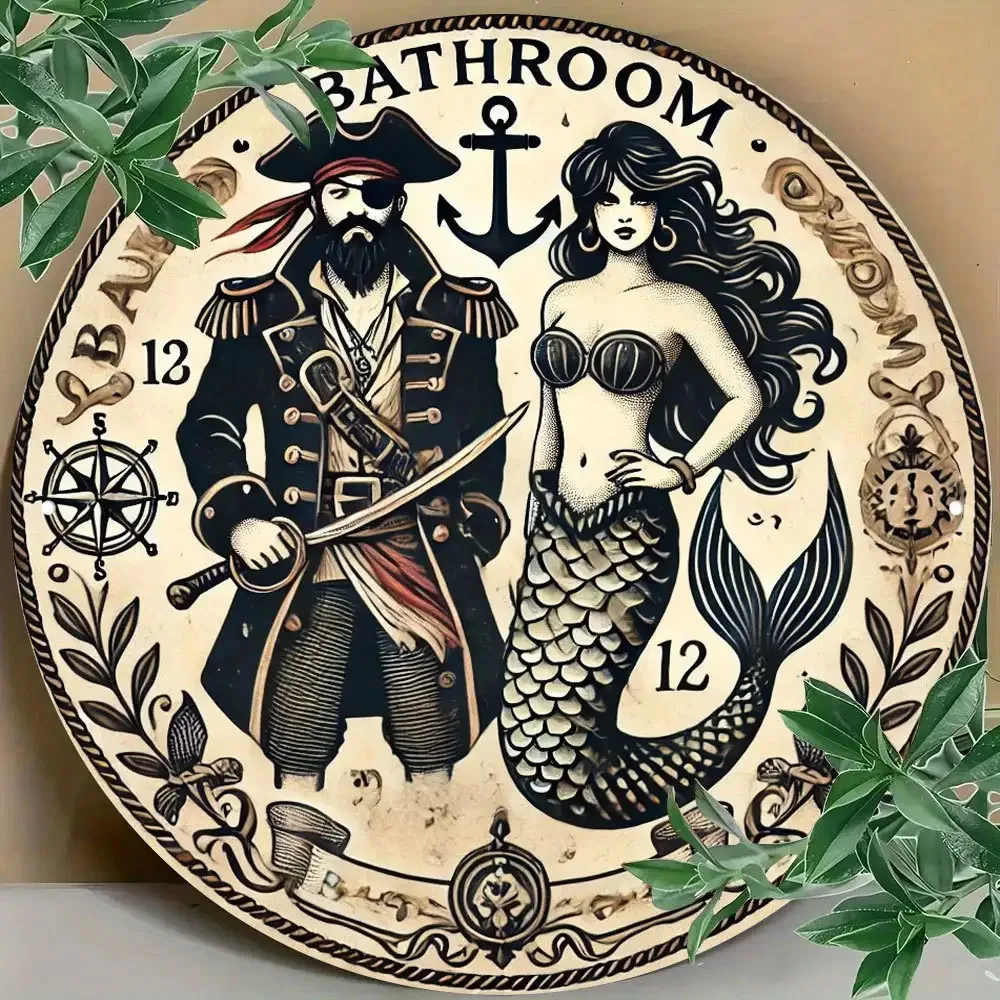 1pc Pirate & Mermaid Metal Wall Plaque - Vintage Nautical Round Aluminum Art Decor with Compass, Anchor & BATHROOM Design - Pi