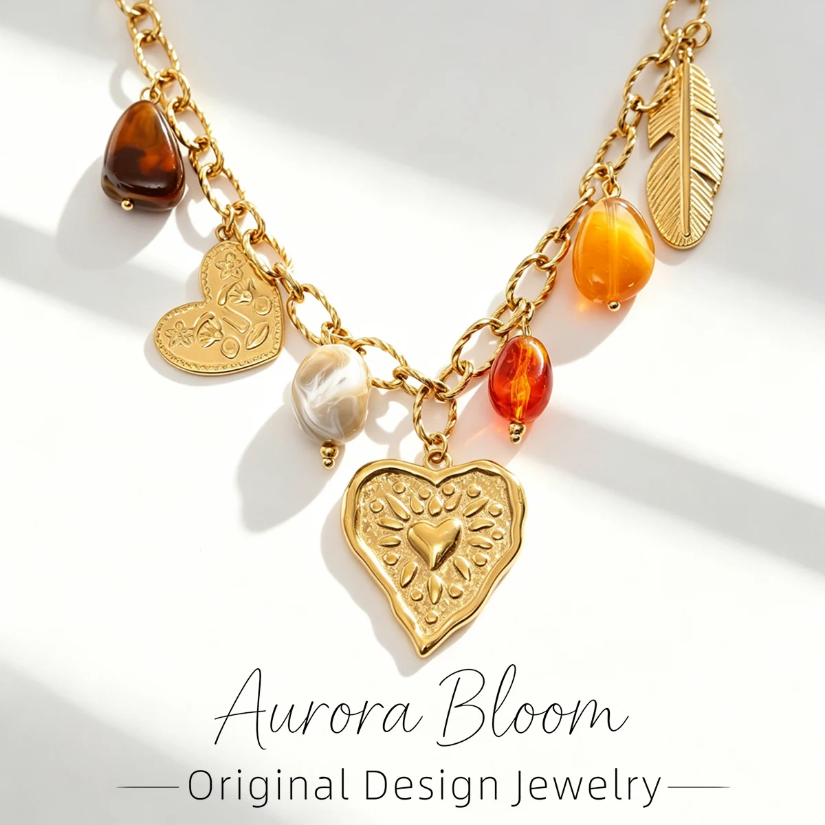 

AURORA Fashion Heart-Shaped Pendant Necklace For Women's Choker Necklaces Y2K Style Large Feather Charm Stainless Steel Jewelry