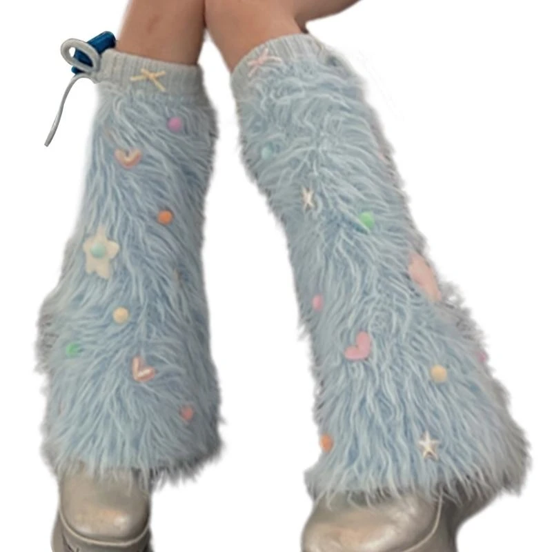 

Женские милые красочные пушистые гетры со звездами, зимние теплые плюшевые леггинсы, чехлы для обуви, длинные гетры для чулки