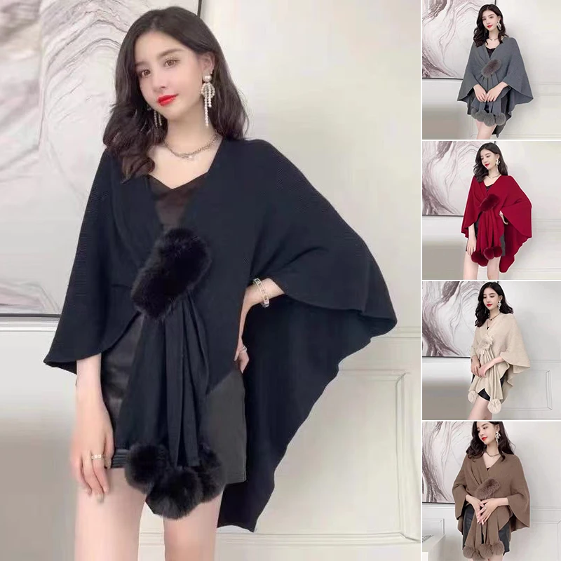 Women Knitting Crochet Cardigan Cloak Poncho Pompoms Capes Autumn Winter Open Front Sweater Elegant Shawl With Fluffy Pompoms