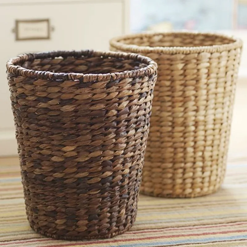 American simple woven trash can straw woven natural handmade living room bedroom round household paper basket flower bucket