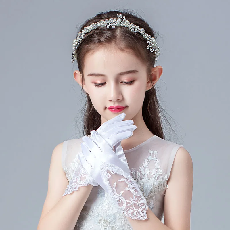 Kids Gloves Lace Rhinestone Satin Stretchy Flower Girl Wedding Dress Performance Dance Etiquette Child Size Soft Lightweight New