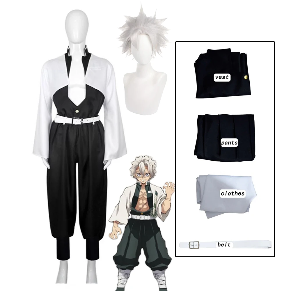 Disfraz de Sanemi Shinazugawa, disfraz de Anime Demon Slayer Kimetsu No Yaiba Sanemi Shinazugawa, peluca de Cosplay, uniforme, disfraces de Halloween