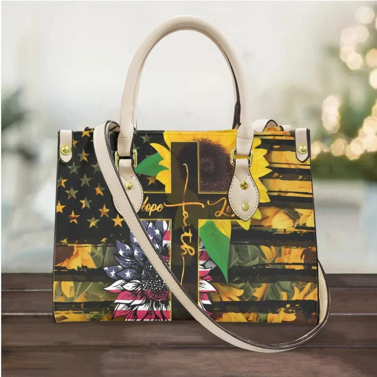 

Hippie Peace and Love Ladies Handbag American Flag Sunflower PU Casual Messenger Bag Star Design Female Portable Tote Bag Bolsa
